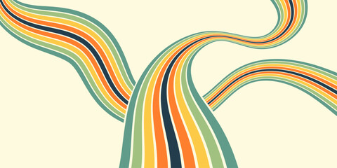 Obraz premium Abstract colorful 70s background vector. Vintage retro wallpaper with rainbow stripes and wavy lines. A 1970 color illustration suitable for posters, banners, decorative items and wall art.