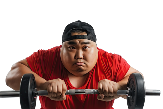 fat man holding dumbbells