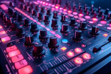 Obraz premium DJ Mixer Console with Neon Lights - Electronic Music Production, Performance Gear, and Audio Mixing Equipment