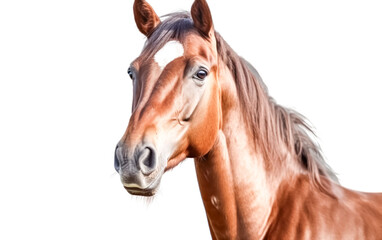 A brown horse with a white face is looking at the camera.
