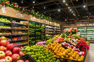 Fototapeta premium grocery store in China, with fruit and vegetables displayed on the shelves