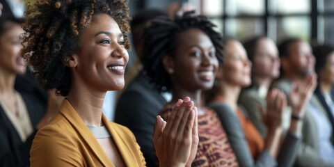 Obraz premium Celebration, businesswoman, and applauding at a conference with office incentive. Professional team discussion, staff, and teamwork at a workforce and accomplishment seminar
