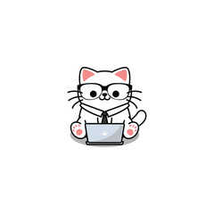 Cute white cat with tie and glasses working on a laptop cartoon, vector illustration