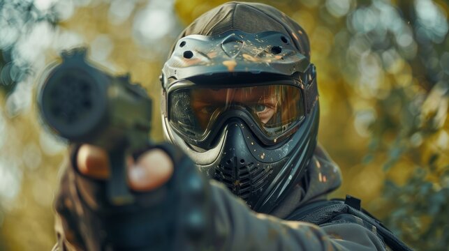 Man, player, and hands holding paintball before war, shot, or natural activity. Male paintballer or soldier squeezing paint ball in military or extreme sports.