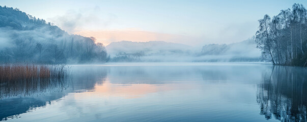 Fototapeta premium A serene lake at dawn, with mist rising from the water's surface.