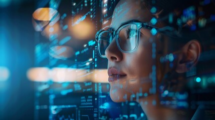 Young woman in glasses with data and graphs on screen - Technology and future. Copy space