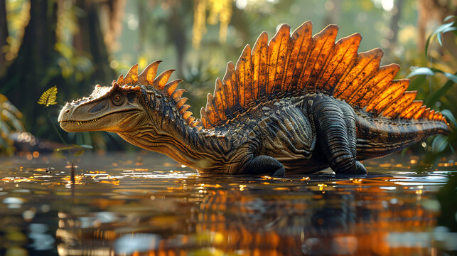 A spinosaurus lurking in the shallows of a lake, its sail-like dorsal fin partially submerged, ready to ambush its prey. captures the ripples in the water, the reflection of the dinosaur, 
