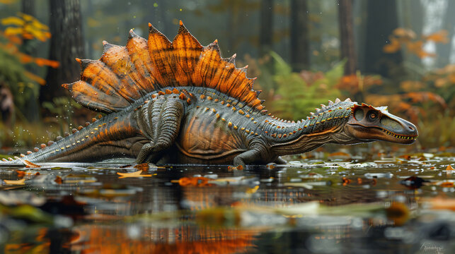 A spinosaurus lurking in the shallows of a lake, its sail-like dorsal fin partially submerged, ready to ambush its prey. captures the ripples in the water, the reflection of the dinosaur, 