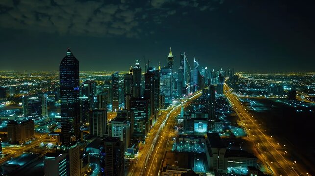 Modern night city with skyscrapers. Aerial drone view from above. Beautiful cityscape.
