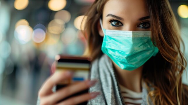 Covid, phone, and credit card with a woman shopping online utilizing 5g mobile technology. Accounting, fintech, and a female internet shopper from below