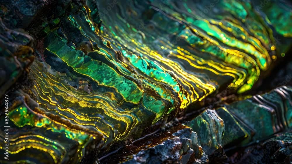 Poster the rough surface of a pebble is covered in a mesmerizing pattern of green and yellow phosphorescent