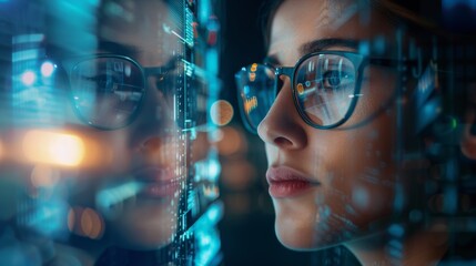 Young woman in glasses with data and graphs on screen - Technology and future. Copy space