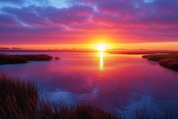 Naklejka premium a vibrant sunrise illuminating a peaceful landscape for International Day of Light