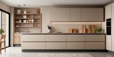 Interior home of kitchen with shelves and kitchenware and fridge on beige wall, concrete floor