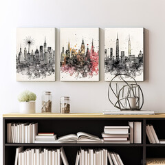 Three cityscape paintings on a wall