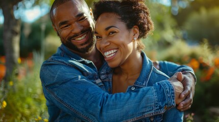 Fototapeta premium Young couple hug in park, summer, and outside date in sunshine, happiness, and nature. Happy man hugging lady in garden for love, care, and support with diversity mate, relax and smile.