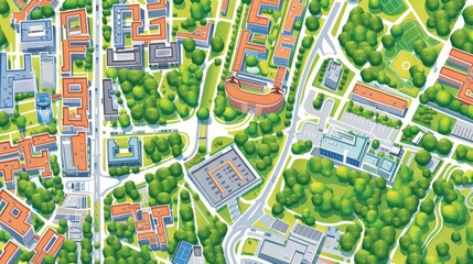 Fototapeta premium Aerial view of cityscape, mix of buildings with roofs, green trees, and open spaces. Streets area plan. Layout includes residential and institutional buildings. Urban planning and greenery integration