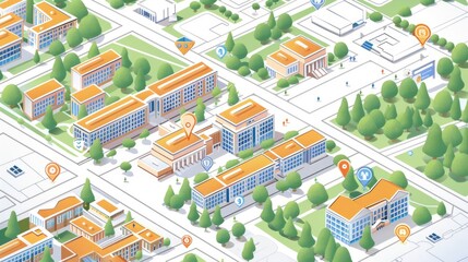 Fototapeta premium Aerial view of cityscape, mix of buildings with roofs, green trees, and open spaces. Streets area plan. Layout includes residential and institutional buildings. Urban planning and greenery integration