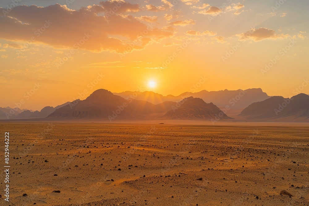 Sticker Breathtaking sunset over a serene desert landscape with golden hues illuminating the vast sandy expanse and distant mountain silhouettes,creating a dramatic and peaceful natural scene.