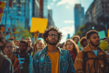 Scene of a passionate protest rally with various participants holding placards and banners high. Vibrant colors and expressive gestures illustrate unity and determination.