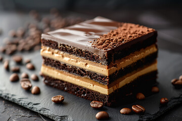 A delectable slice of coffee and chocolate layered cake, delicately placed on an elegant black slate surface with scattered bronze beans around it. 