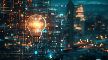 Leuchtende Glühbirne als Hologramm über einer vernetzten digitalen Stadt Generative AI