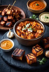 Paneer Tikka is popular appetizer made with cubes of paneer and veggies marinated with yogurt and spices