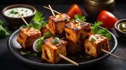 Paneer Tikka is popular appetizer made with cubes of paneer and veggies marinated with yogurt and spices