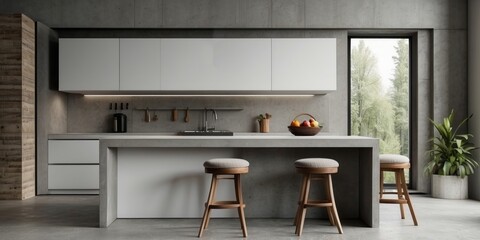 Interior home of kitchen with bar island on white wall, concrete floor