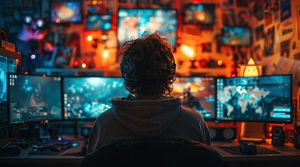 A dedicated gamer in a dark room, surrounded by multiple monitors displaying various game screens. The ambient lighting casts a neon glow, highlighting the gamer's intense concentration. The room is