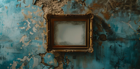 Naklejka premium Hanging on the dark wall is a large antique gold frame with faded blue paint inside.