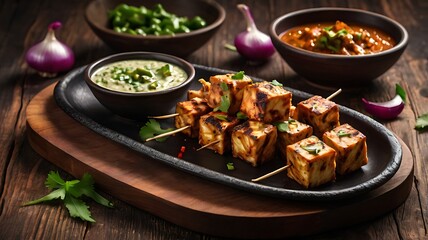 Paneer Tikka is popular appetizer made with cubes of paneer and veggies marinated with yogurt and spices