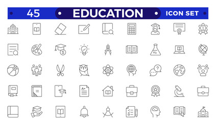 Education and learning icon set Outline vector icons related to education, success, academic subjects, and more. 