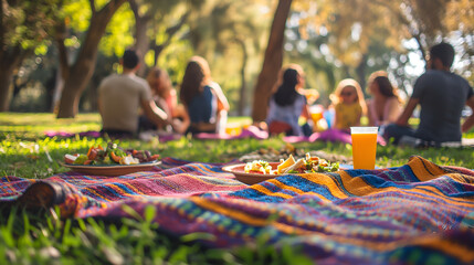 A group of friends sitting on colorful blankets having a picnic in a sunlit park, with food and drinks laid out.