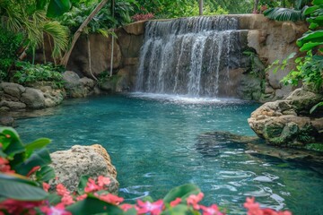 A peaceful scene with a flowing waterfall, creating a sense of freshness and purity in nature.