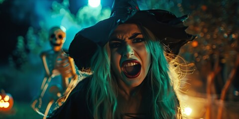 An enraged witch in a dark, spooky forest, surrounded by skeletons and glowing jack-o'-lanterns