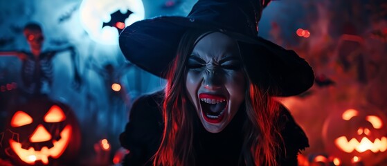 A furious witch with red lips, screaming in a haunted forest filled with glowing pumpkins and skeletons