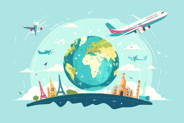 Colorful illustration of a world map with famous landmarks, showcasing international travel and cultural sites.