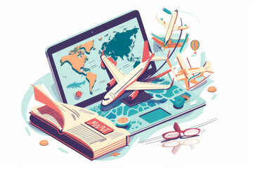 Vibrant illustration showcasing a digital world map on a tablet with airplanes, a travel book, and various travel icons.