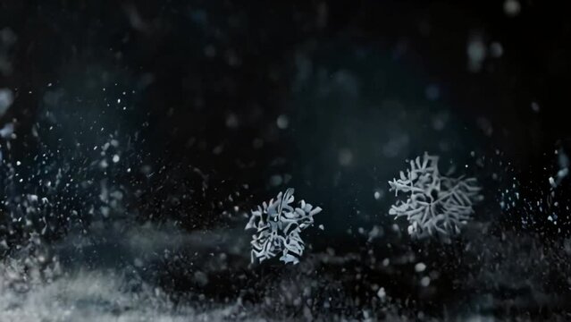 Black background with snowflakes falling and floating