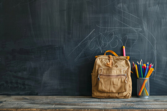 Bright orange backpack with pens and colorful notebooks in front of a chalkboard filled with drawings and equations. - Powered by Adobe