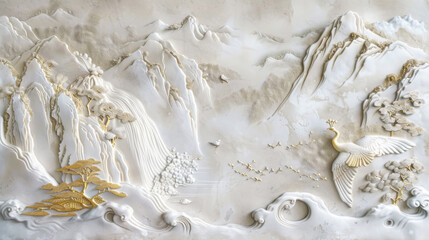 Intricate White and Gold 3D Wall Art of Mountains, Waterfalls, and Birds in a Serene Landscape