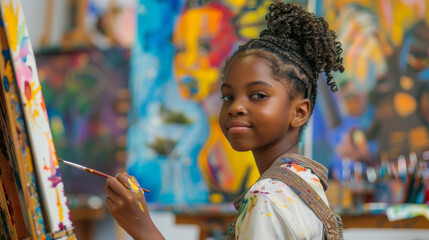 Obraz premium a Black girl painting in art class