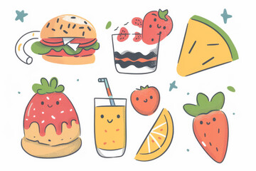 Colorful illustration of various tropical fruits and drinks, including watermelon, banana, and cocktails, on a beige background.