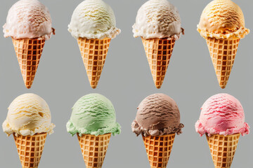 Five ice cream cones with colorful scoops in a row on a transparent background, showcasing various flavors.