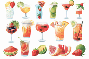 Colorful illustration of various tropical fruits and drinks, including watermelon, banana, and cocktails, on a beige background.