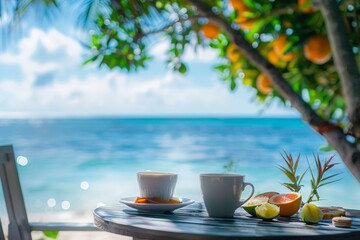 Luxurious breakfast table by sunny tropical sea for romantic couples on summer honeymoon vacation