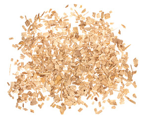 Wooden chips isolated on white background. small wood chips for smoking. sawdust texture. ecological fue