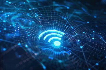 Fototapeta premium Abstract Data Background Illustrating Wireless Network Theme with Prominent Blue WiFi Symbol and Digital Connectivity Elements