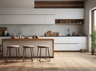 Interior home of kitchen with wooden island countertop on white wall